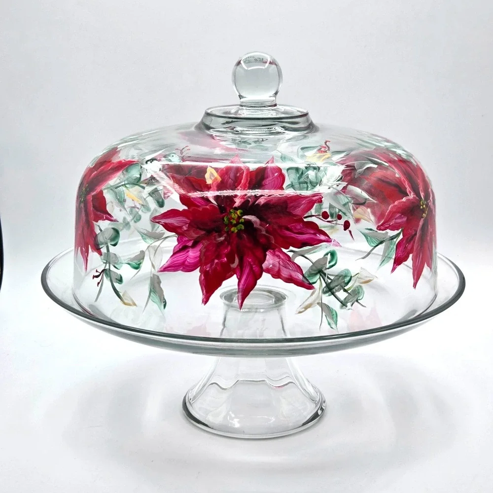 Pedestal Cake Stand with Hand Painted Poinsettias on Domed Lid  One of a Kind‎